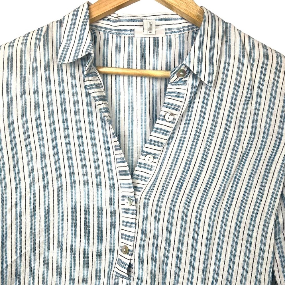 J. Jill Love Linen Blue/White Striped 1/4 Button Layered Hem Tunic Medium